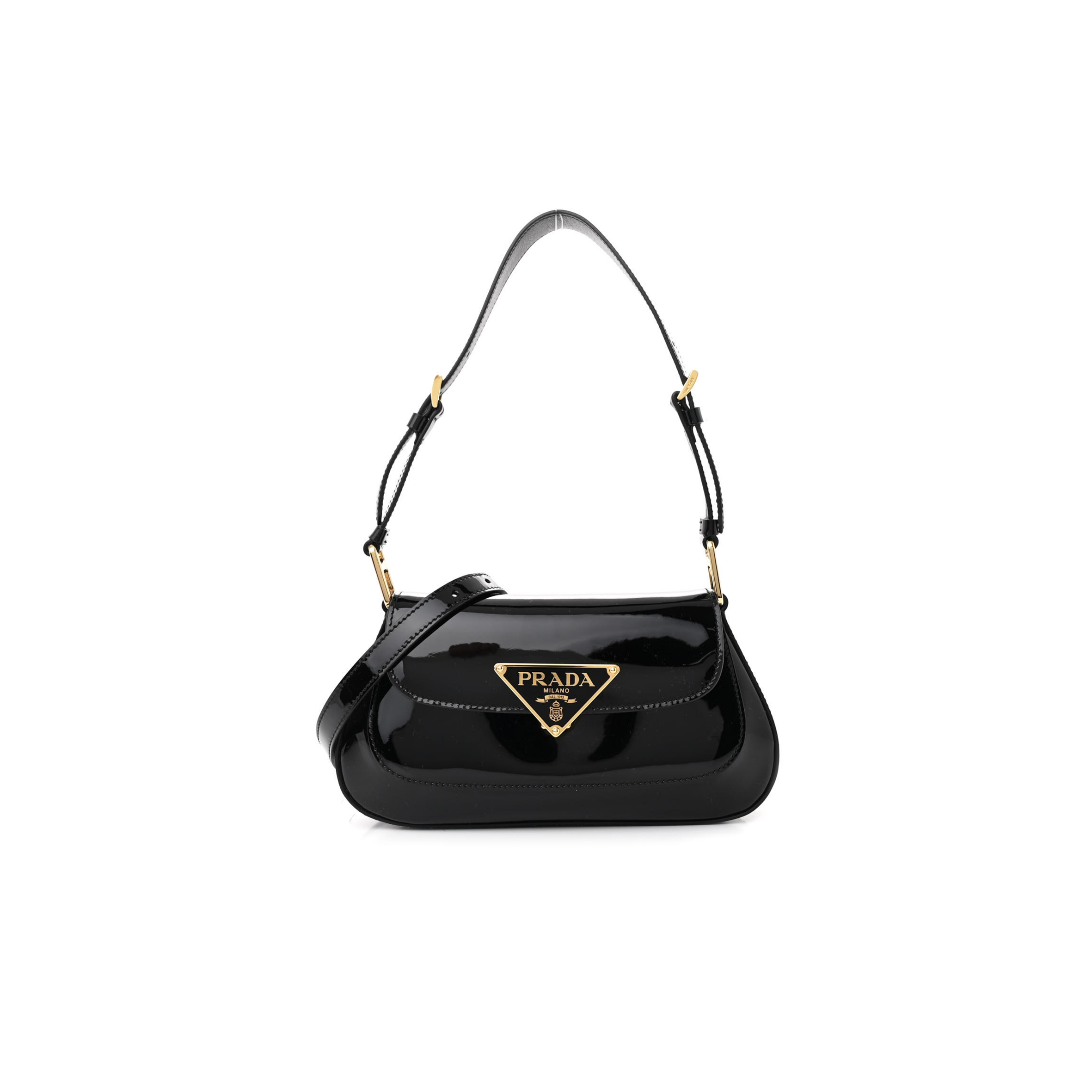 Pra*a vernice triangle logo flap adjustable strap shoulder bag black 1bd355 (24*11*4cm)